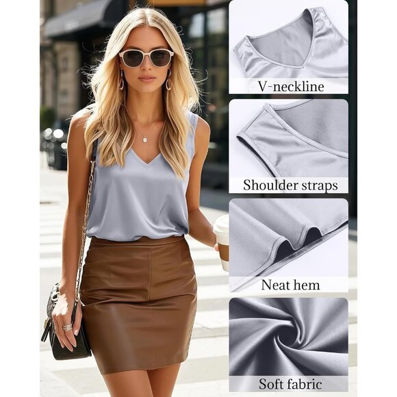 Elegant Women's V Neck Tank Tops in Silk Satin - 3 Pack for Effortless Style - Picture 4 of 6